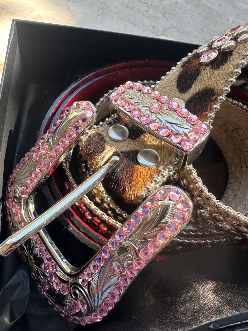 Pink Crystal Western-Style Women's Belt with Leopard Strap